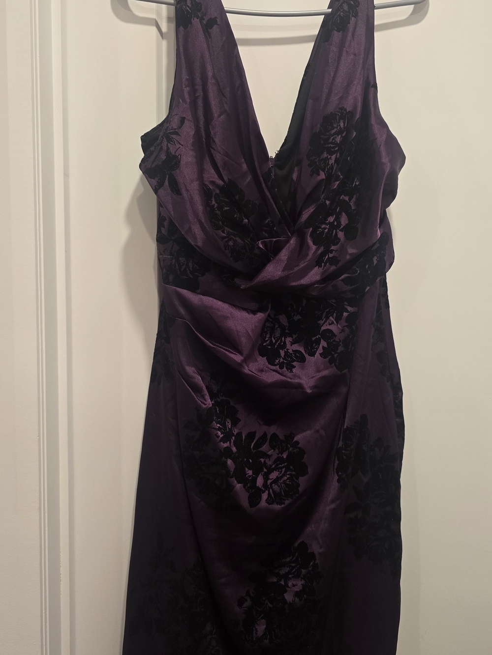 le chateau Deep Purple Satin Midi Dress with Black Floral Burnout